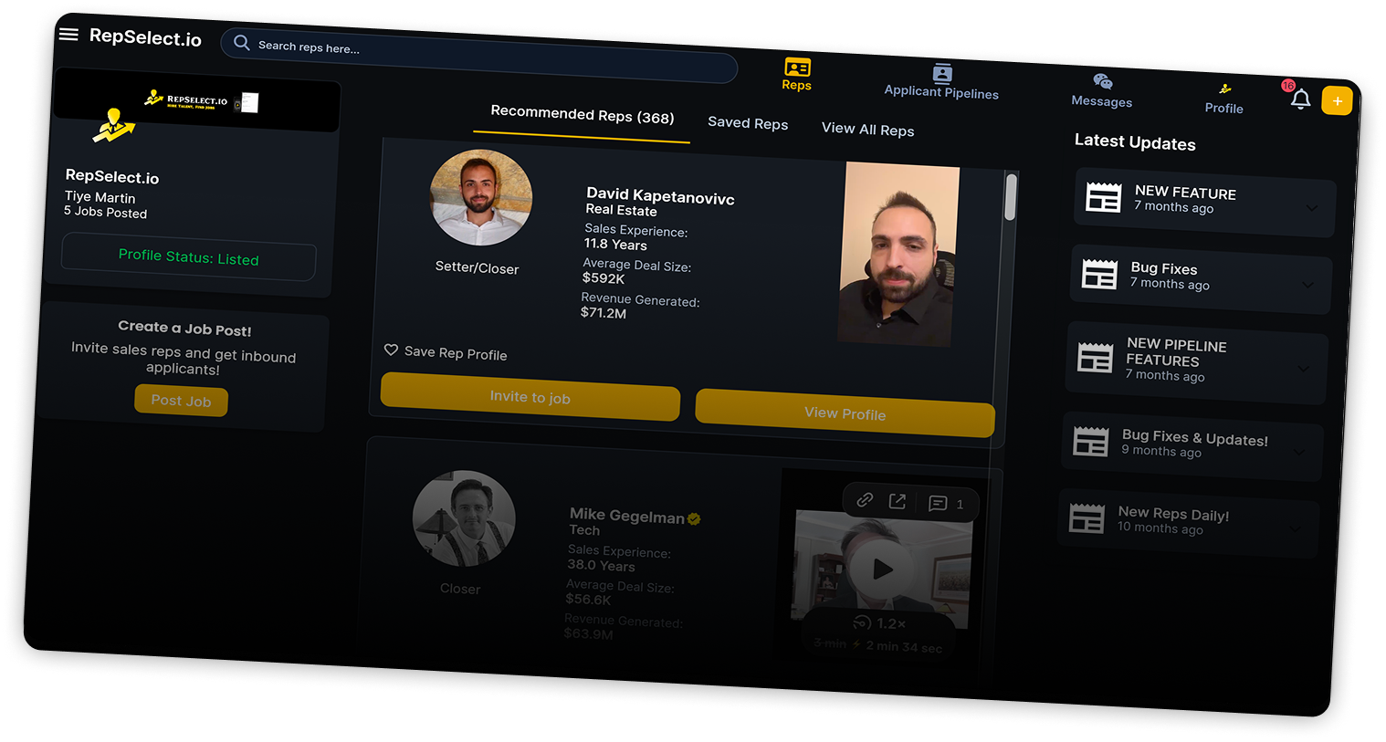 RepSelect hiring dashboard with recommended reps, invite, and view profile
