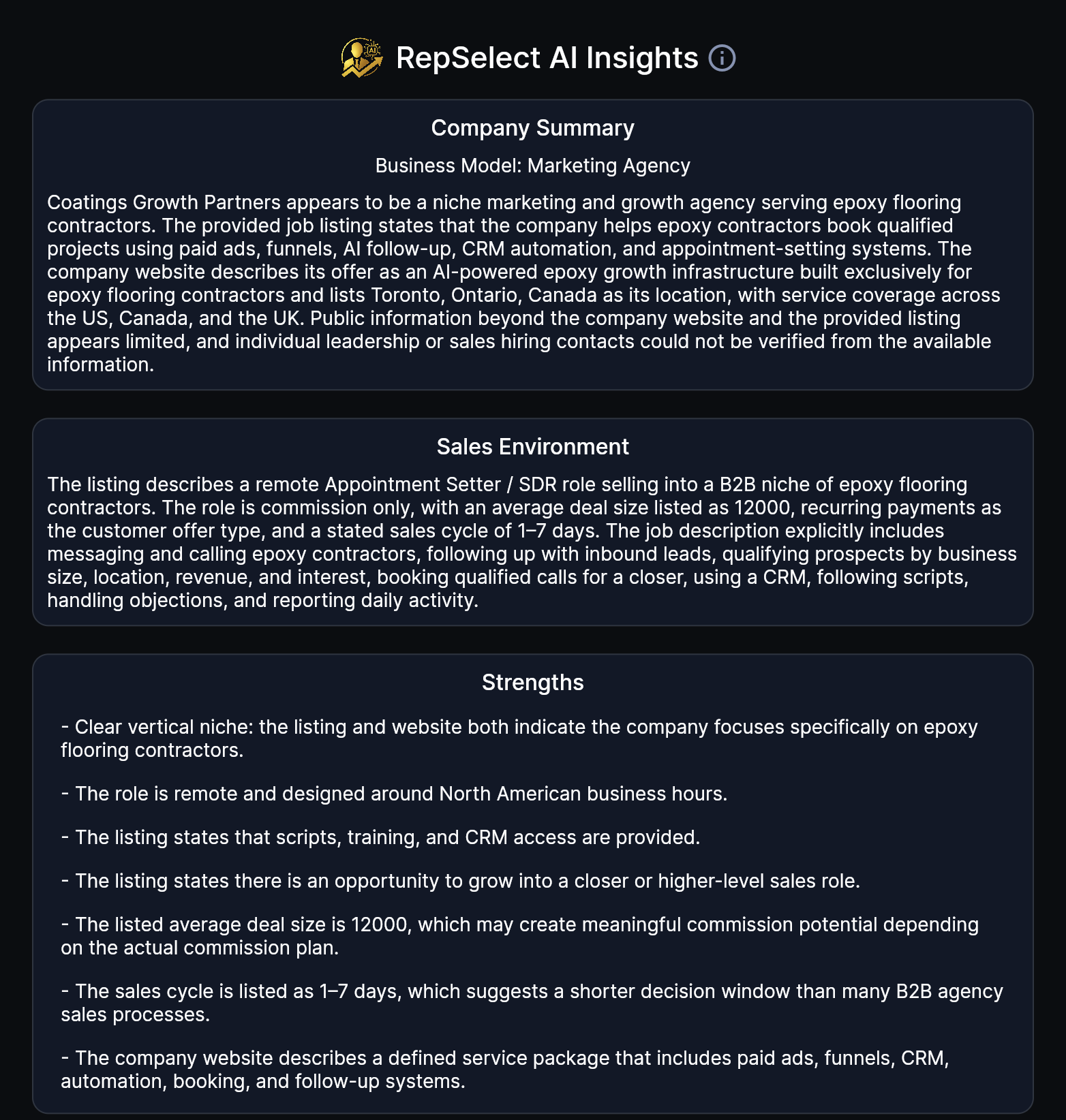 RepSelect AI Insights — company summary, sales environment, and strengths for a job listing