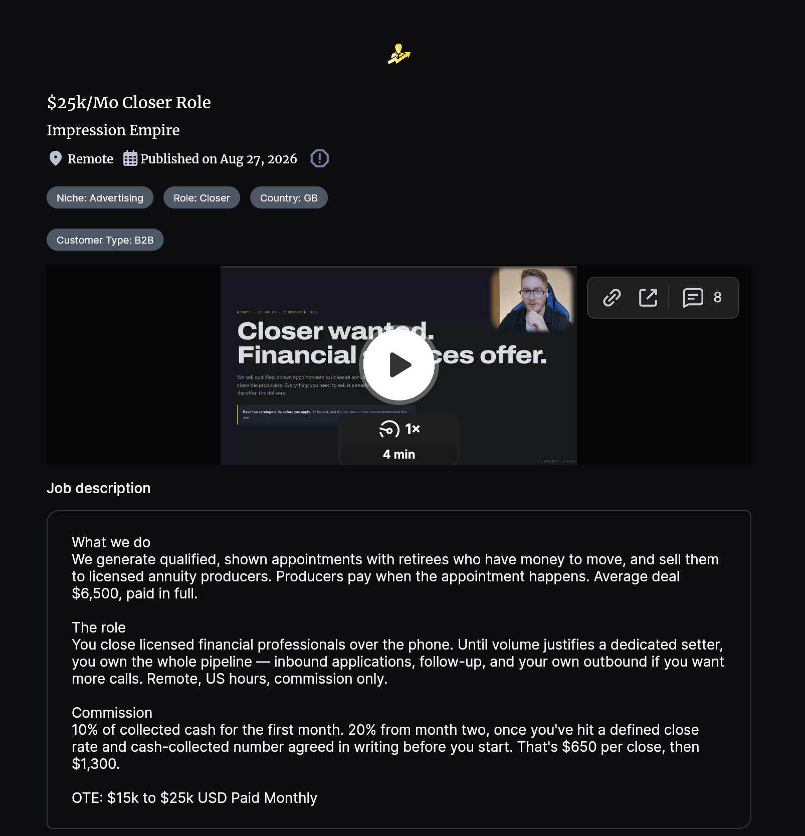RepSelect job detail showing intro video, role tags, and description with OTE