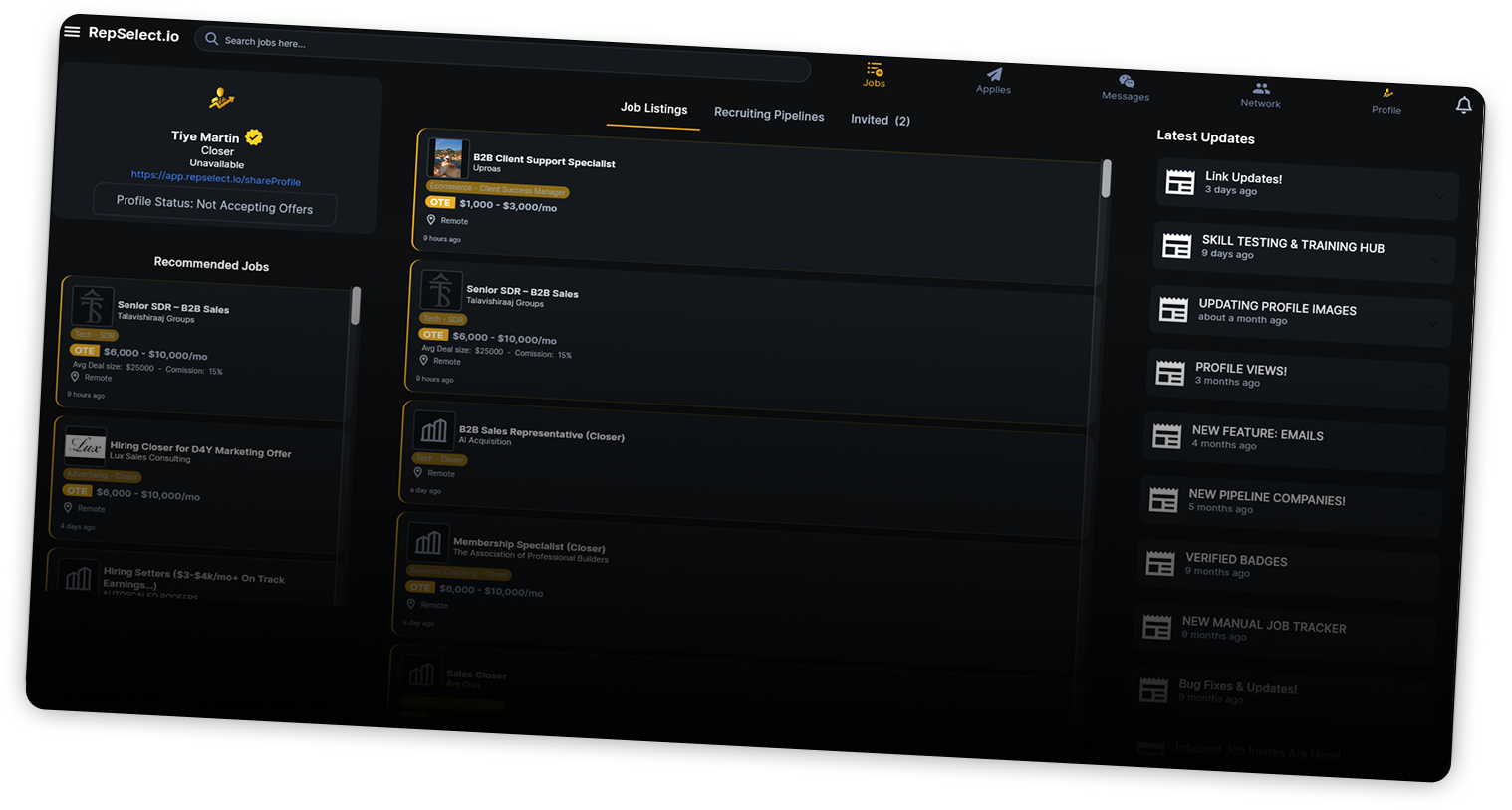RepSelect jobs workspace: remote sales opportunities, invites, and applications