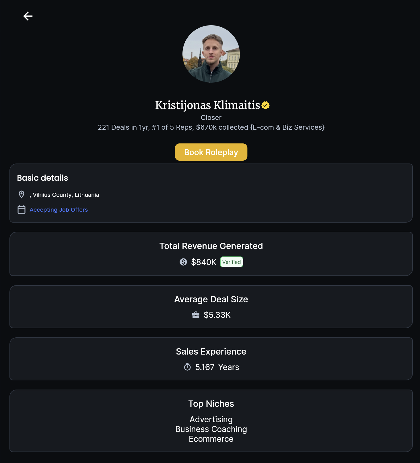 RepSelect verified closer profile showing $840K verified revenue with Verified badge